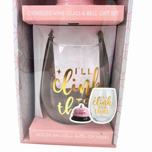 NIB OVERSIZED 30 OZ WINE GLASS & PINK RING BELL CLINK TO THAT WINE GIFT SET - Picture 2 of 6